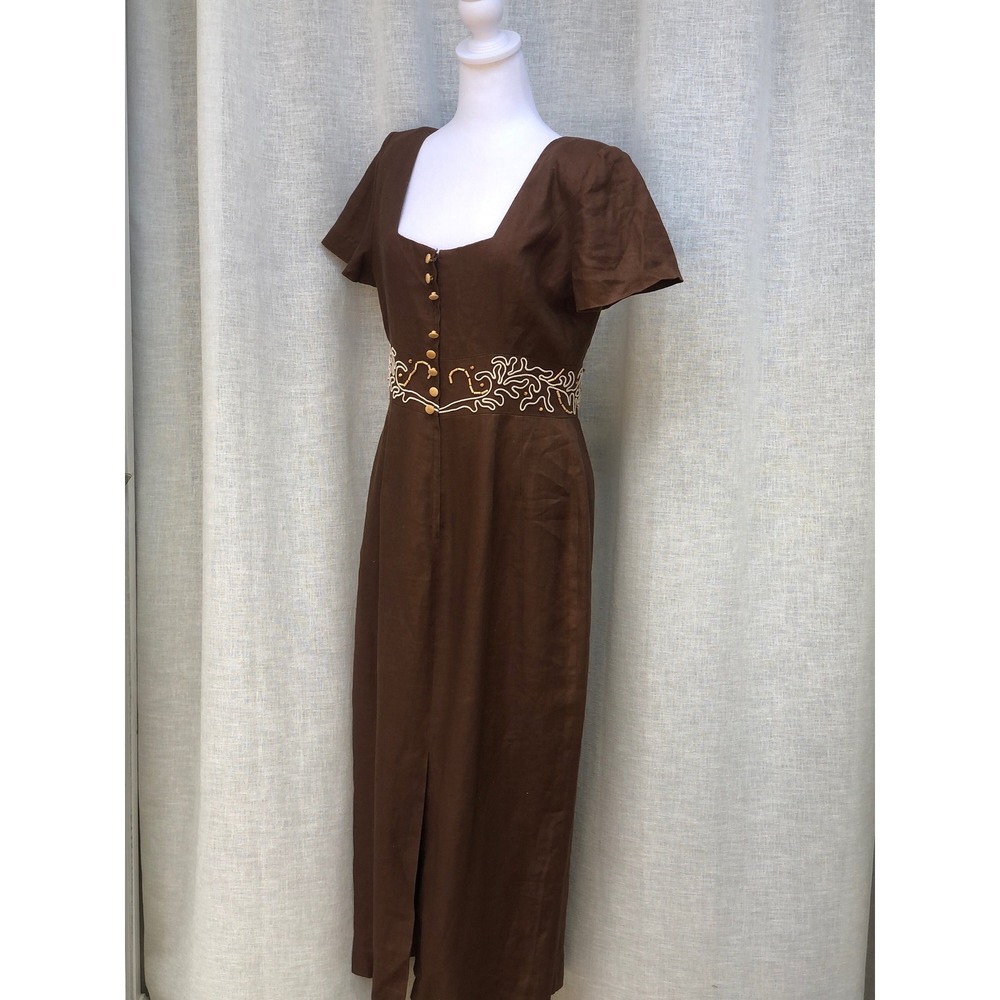 Donna Morgan chocolate brown short sleeve linen dress beaded waist embroidery - Picture 3 of 10